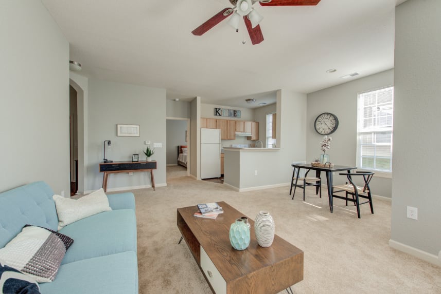 Model living room in a Noblesville apartment.